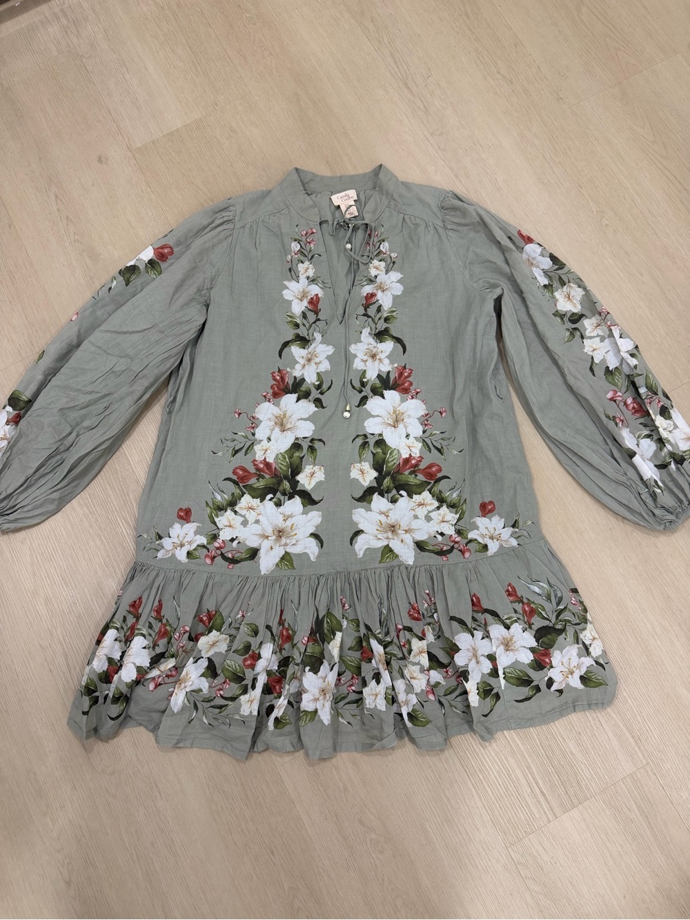 Women’s Camila Coelho Sage Green Floral Mini Dress Medium Long Sleeve